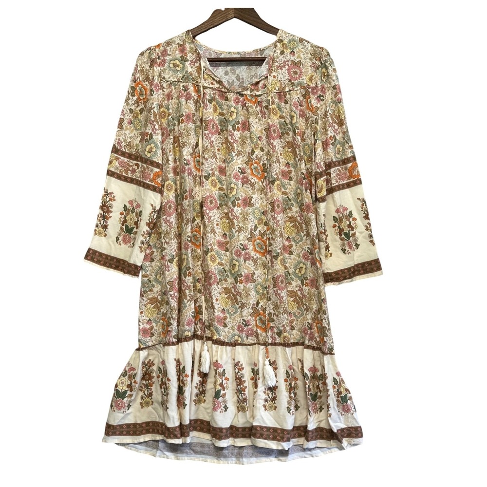Womens Sz L Boho Ditsy Floral Print V-Neck Tassel Mini Dress Cottagecore Bloom‎